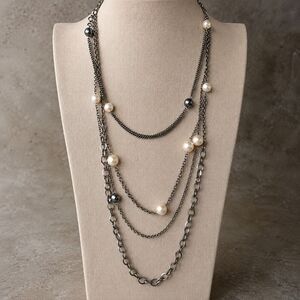 Swing Faux Pearl Necklace Four Strand Silver Tone